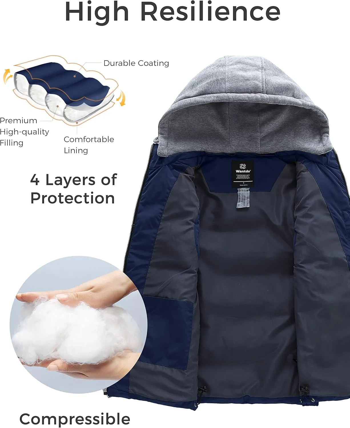 wantdo Men's Quilted Winter Vest Thicken Sleeveless Jacket with Detachable Hood