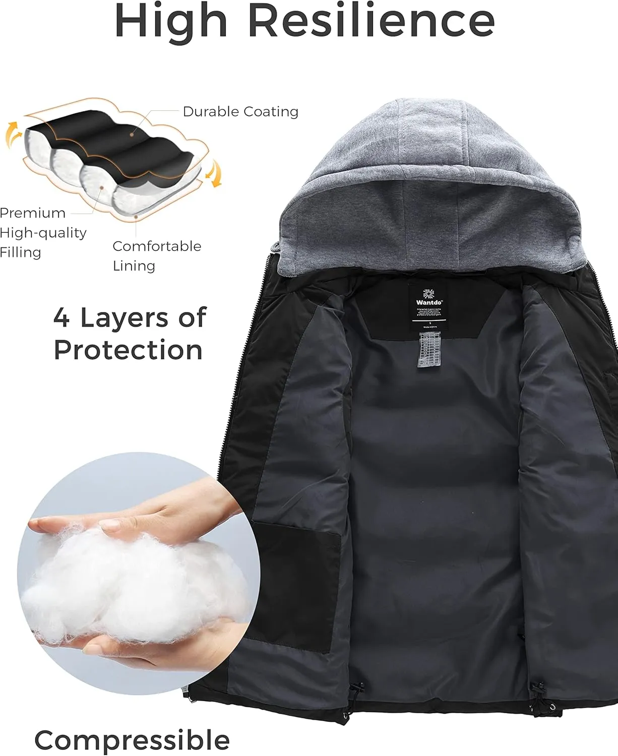 wantdo Men's Quilted Winter Vest Thicken Sleeveless Jacket with Detachable Hood