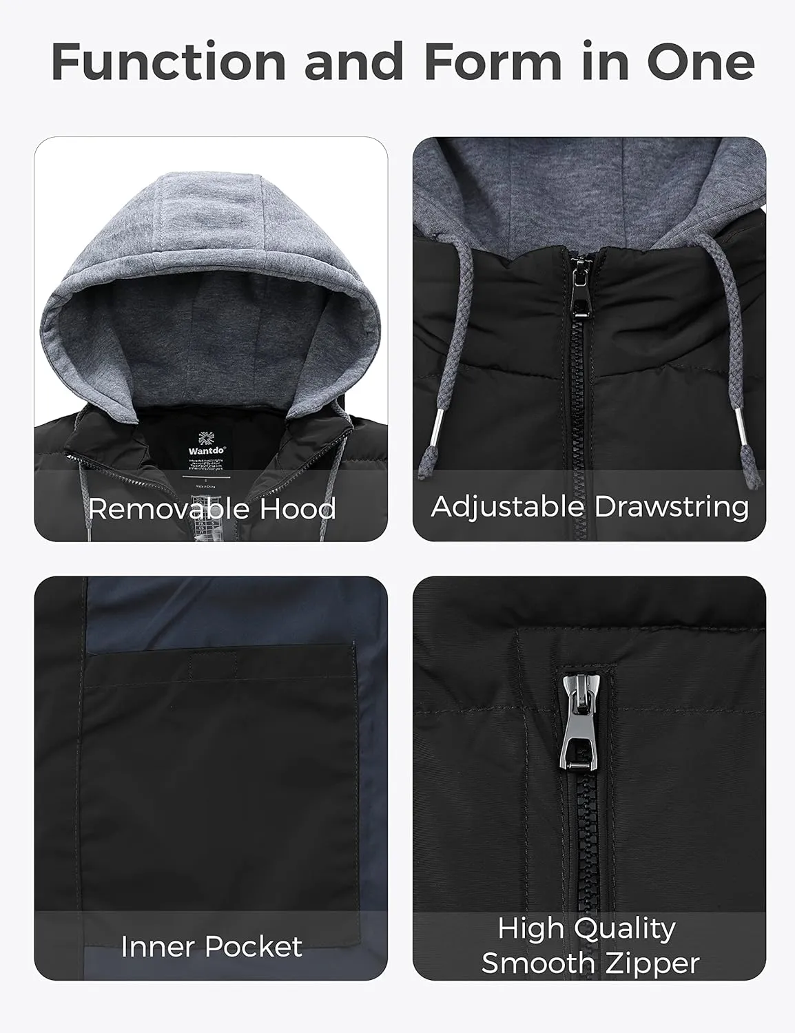 wantdo Men's Quilted Winter Vest Thicken Sleeveless Jacket with Detachable Hood