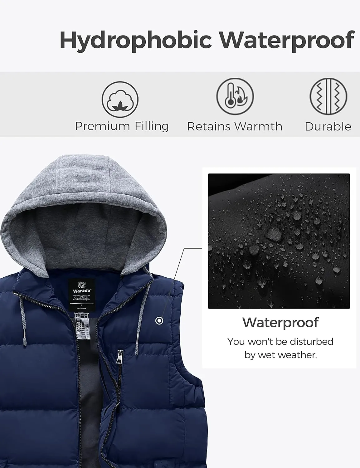 wantdo Men's Quilted Winter Vest Thicken Sleeveless Jacket with Detachable Hood