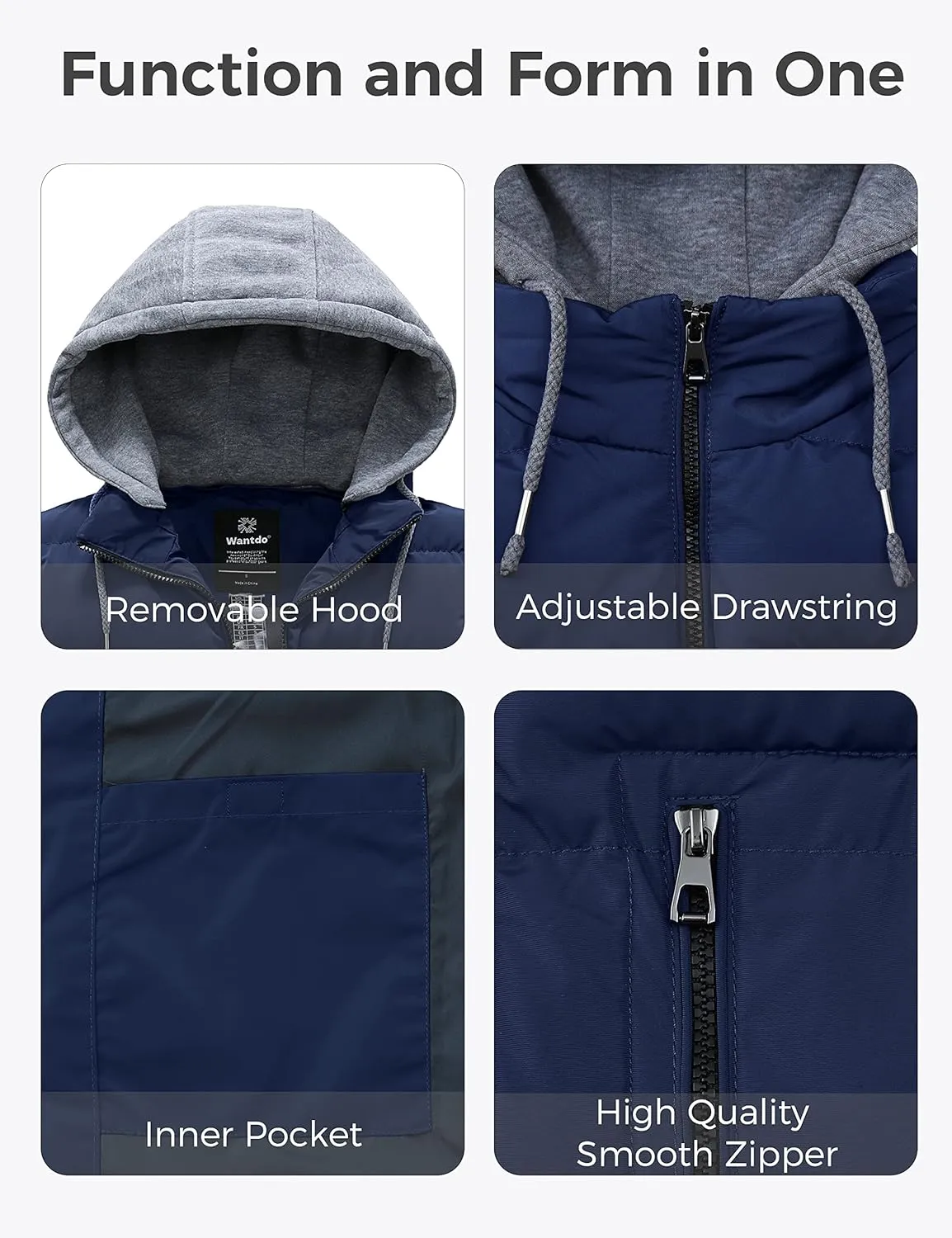 wantdo Men's Quilted Winter Vest Thicken Sleeveless Jacket with Detachable Hood