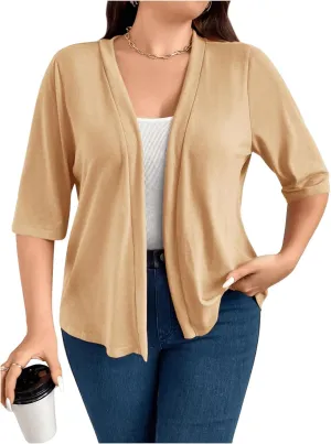 WDIRARA Women's Plus Size Lightweight Open Front Cardigan Casual Half Sleeve Kimono Cardigans