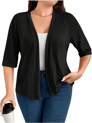 WDIRARA Women's Plus Size Lightweight Open Front Cardigan Casual Half Sleeve Kimono Cardigans