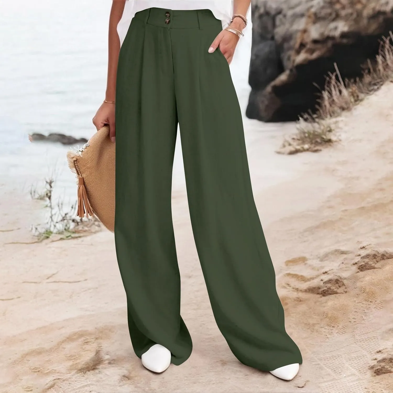 Wide Leg Pants Woman Trendy High Waisted Plain Linen Pants Business Work Dress Pant Flowy Palazzo Pant 2025