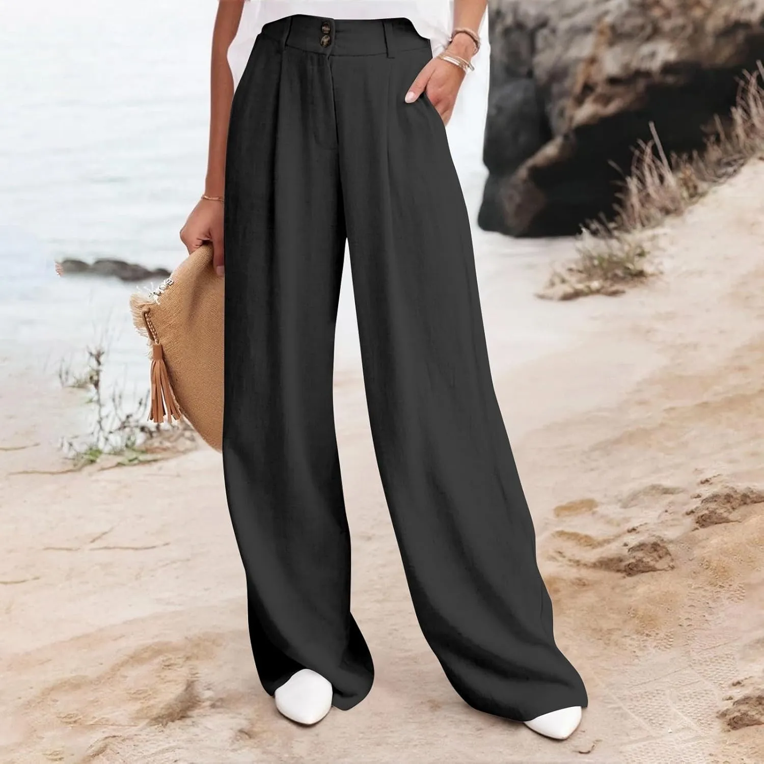 Wide Leg Pants Woman Trendy High Waisted Plain Linen Pants Business Work Dress Pant Flowy Palazzo Pant 2025