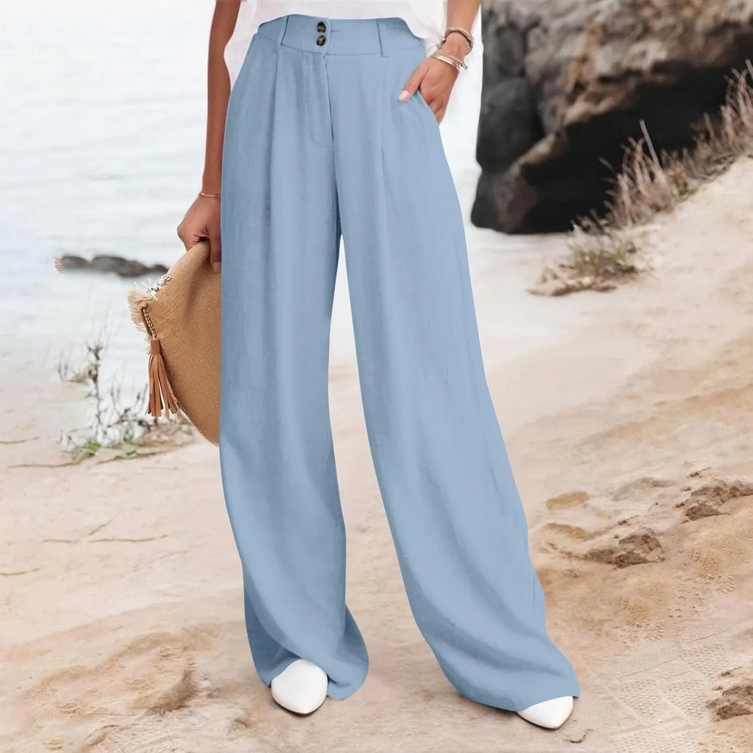 Wide Leg Pants Woman Trendy High Waisted Plain Linen Pants Business Work Dress Pant Flowy Palazzo Pant 2025