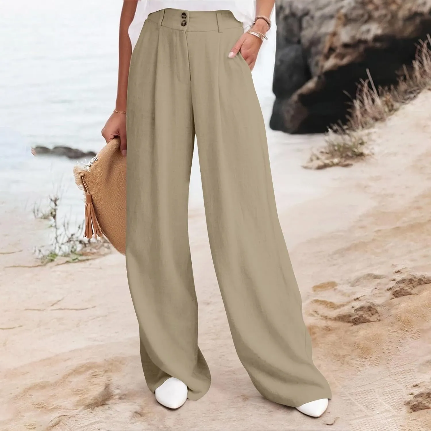 Wide Leg Pants Woman Trendy High Waisted Plain Linen Pants Business Work Dress Pant Flowy Palazzo Pant 2025