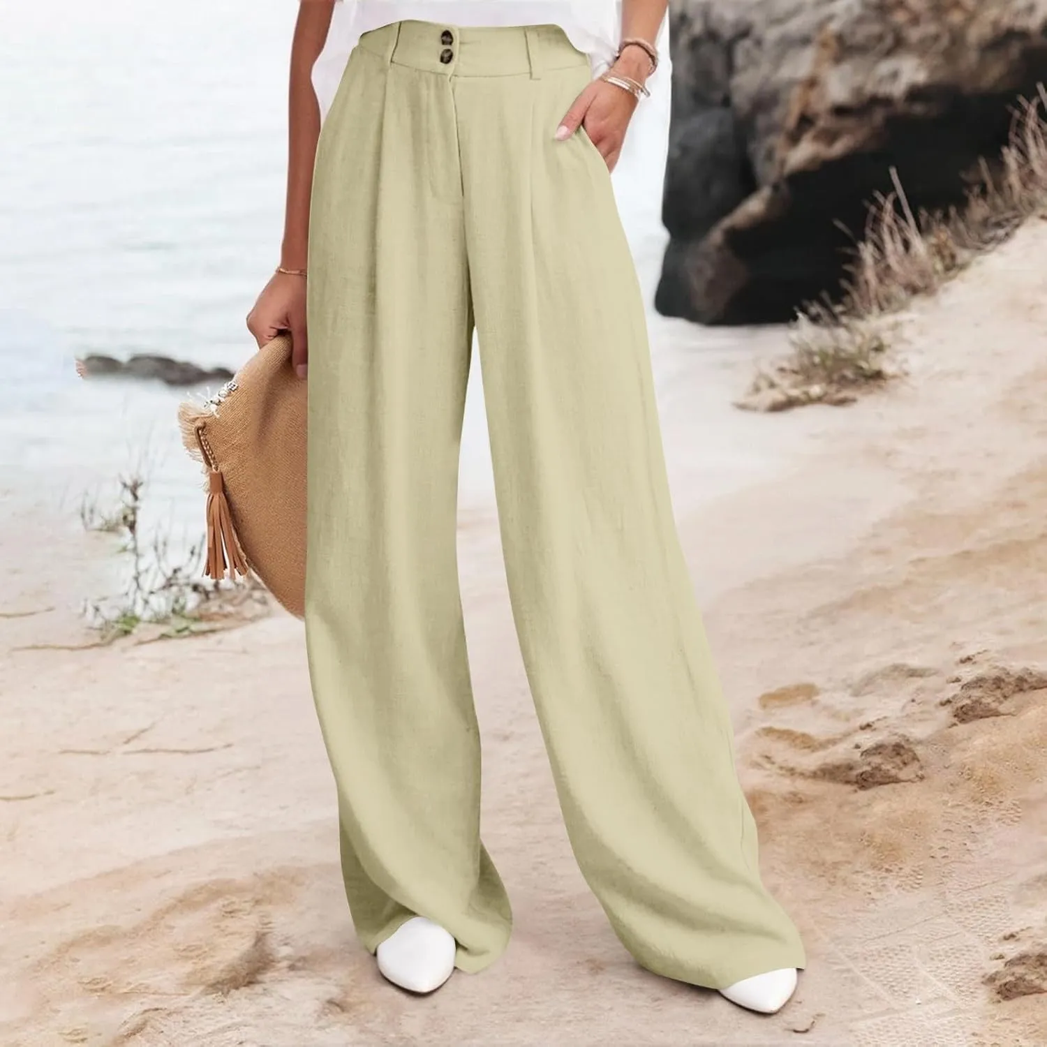 Wide Leg Pants Woman Trendy High Waisted Plain Linen Pants Business Work Dress Pant Flowy Palazzo Pant 2025