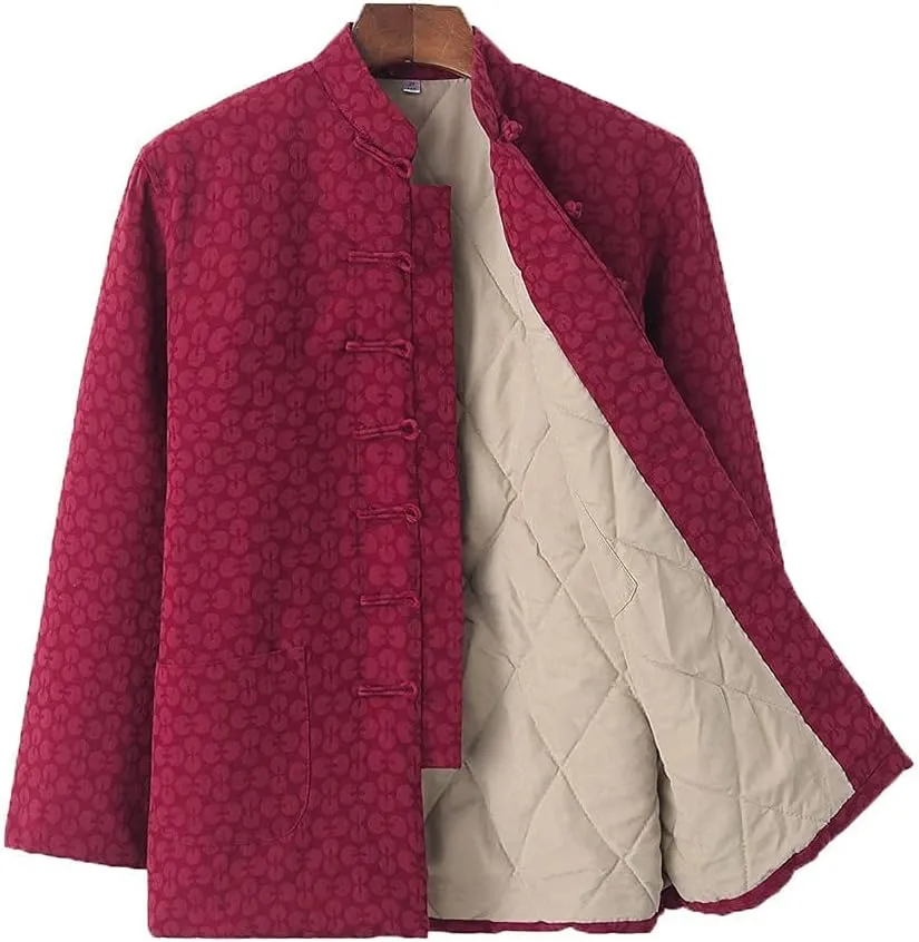 Winter Warm Thicken Tang Suit Men Cotton Padded Kung Fu Uniform Jacket Long Sleeved Coat Tops for Seniors red-4XL