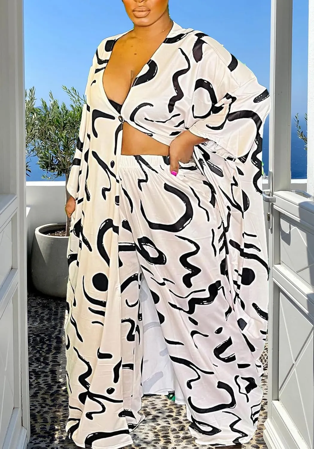 Women African 2 Piece Outfits Button V Neck Long Plus Size Split Caftans Wide Leg Pants Sets