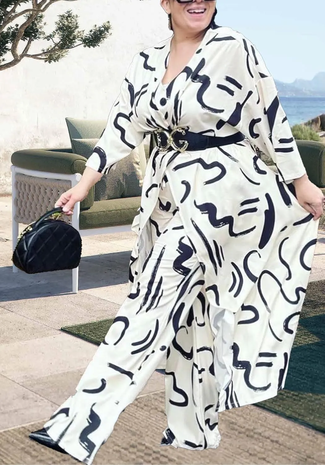 Women African 2 Piece Outfits Button V Neck Long Plus Size Split Caftans Wide Leg Pants Sets
