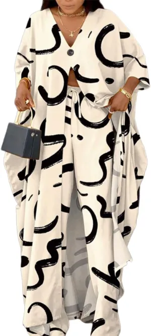 Women African 2 Piece Outfits Button V Neck Long Plus Size Split Caftans Wide Leg Pants Sets