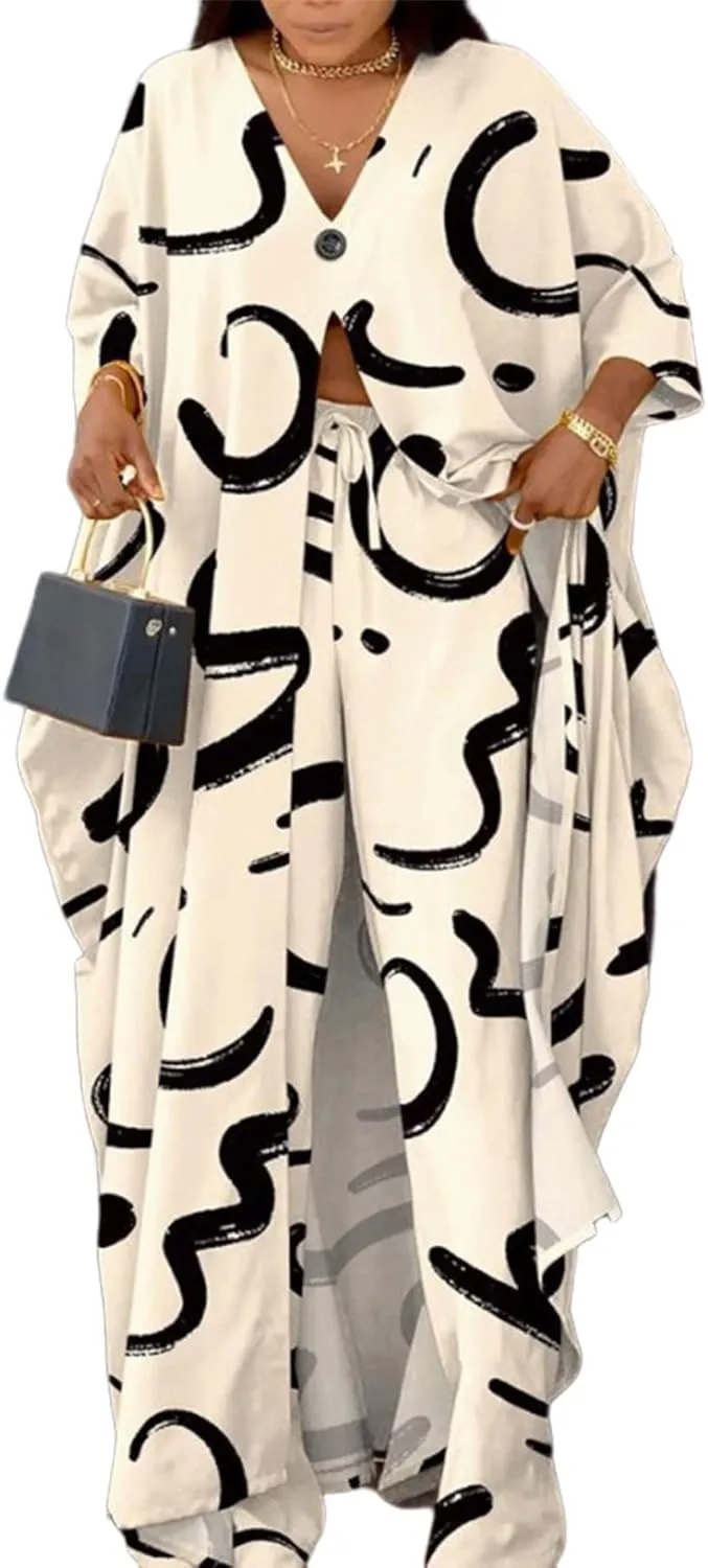 Women African 2 Piece Outfits Button V Neck Long Plus Size Split Caftans Wide Leg Pants Sets