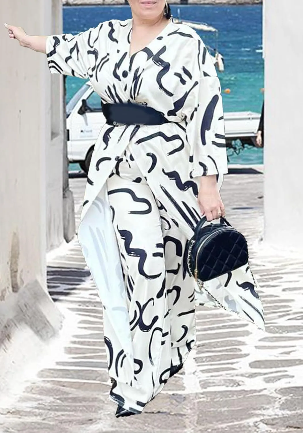 Women African 2 Piece Outfits Button V Neck Long Plus Size Split Caftans Wide Leg Pants Sets