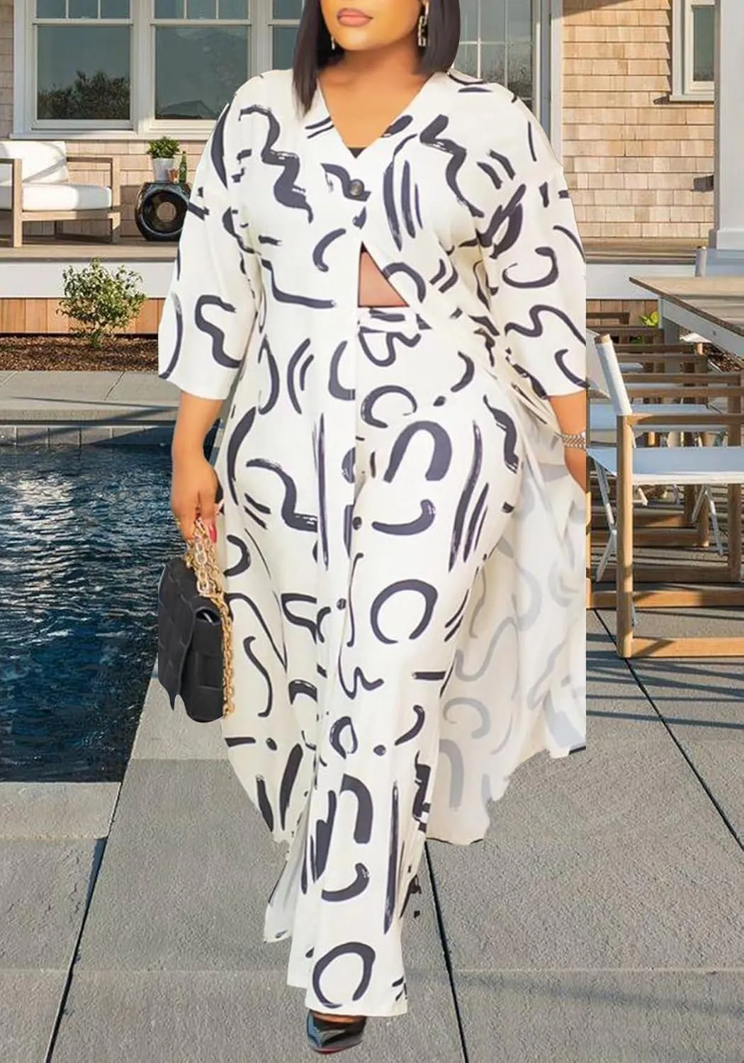 Women African 2 Piece Outfits Button V Neck Long Plus Size Split Caftans Wide Leg Pants Sets