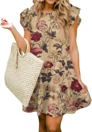 Women Babydoll Summer Casual Crew Neck Ruffle Sleeve Sleeveless Flowy Mini Short Tunic Dress Floral Print Pleated Dress1-Khaki,Large