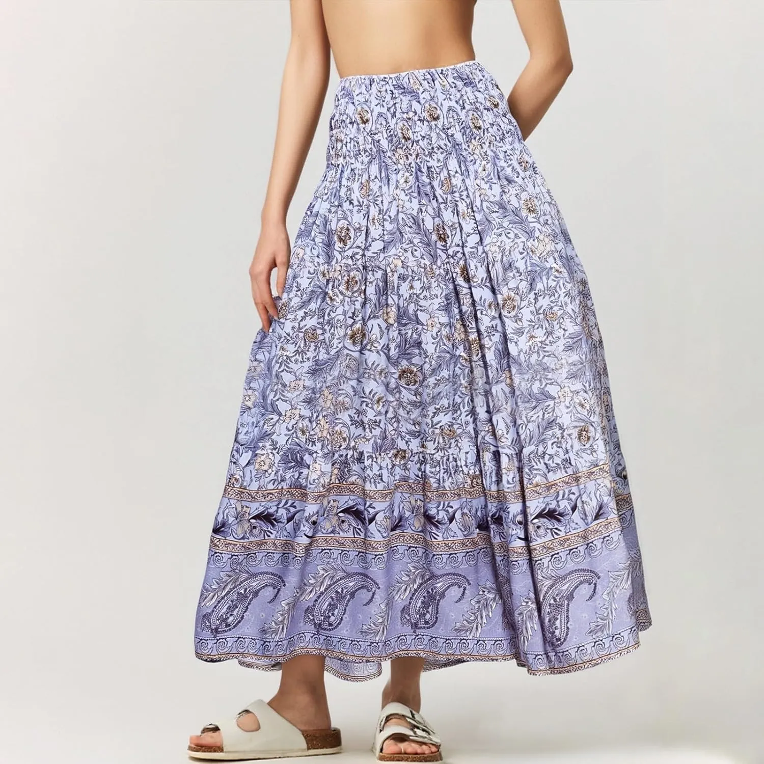 Women Boho Floral Maxi Skirt 2025 Summer High Waisted Tiered Long Skirts Flowy Ruffle Beach Vacation Midi Skirts