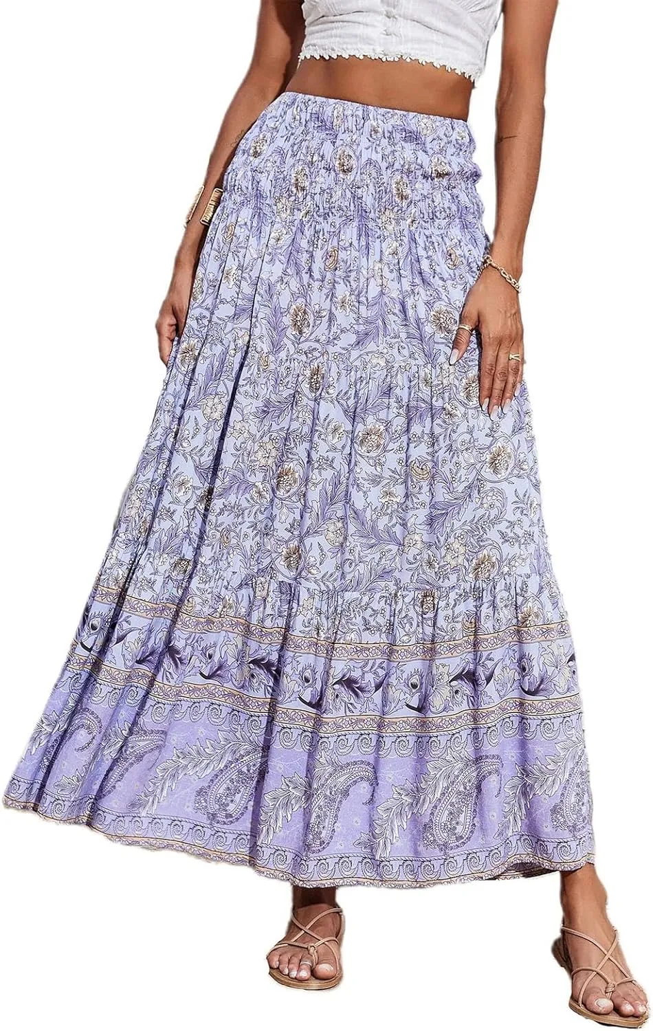 Women Boho Floral Maxi Skirt 2025 Summer High Waisted Tiered Long Skirts Flowy Ruffle Beach Vacation Midi Skirts
