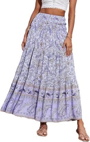 Women Boho Floral Maxi Skirt 2025 Summer High Waisted Tiered Long Skirts Flowy Ruffle Beach Vacation Midi Skirts