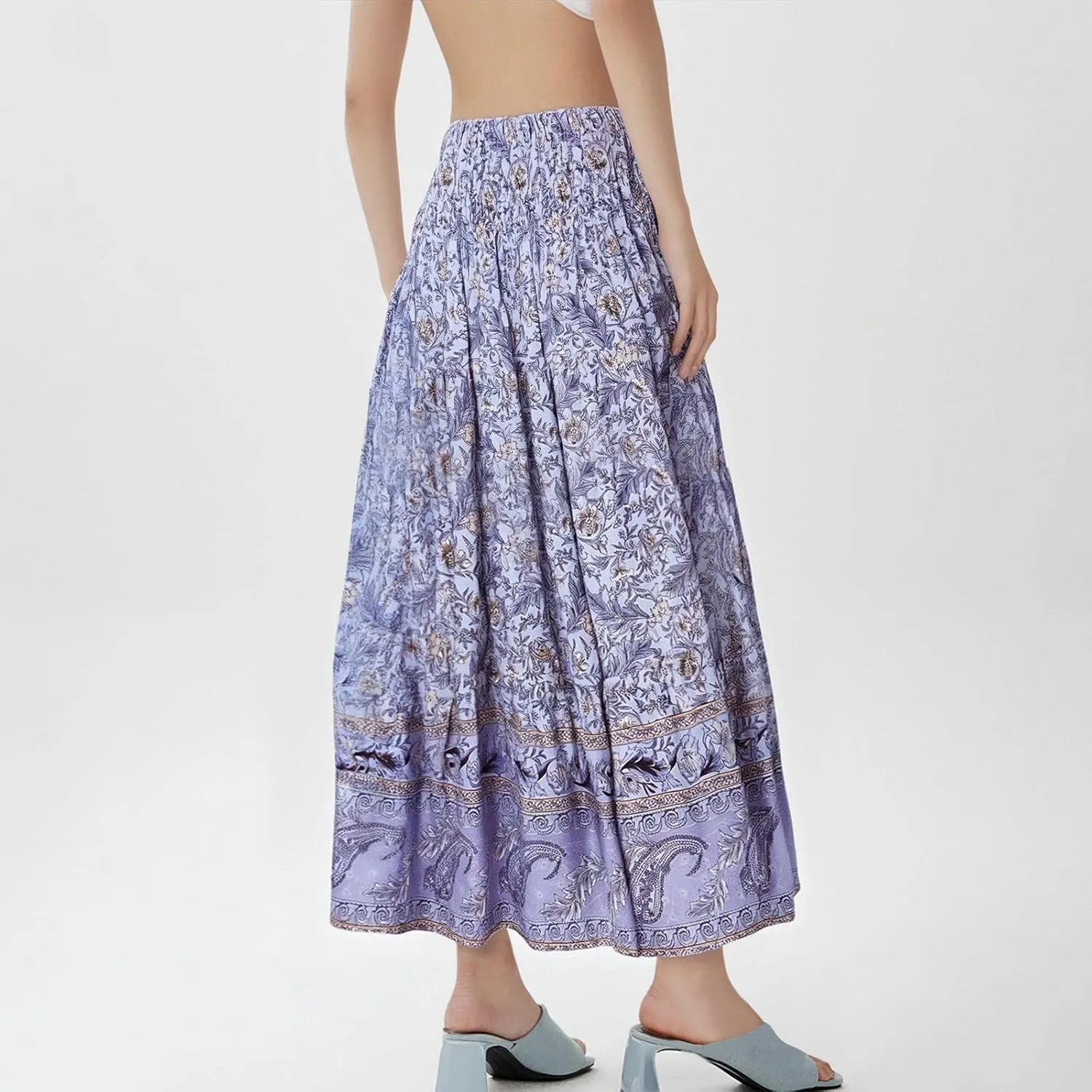 Women Boho Floral Maxi Skirt 2025 Summer High Waisted Tiered Long Skirts Flowy Ruffle Beach Vacation Midi Skirts