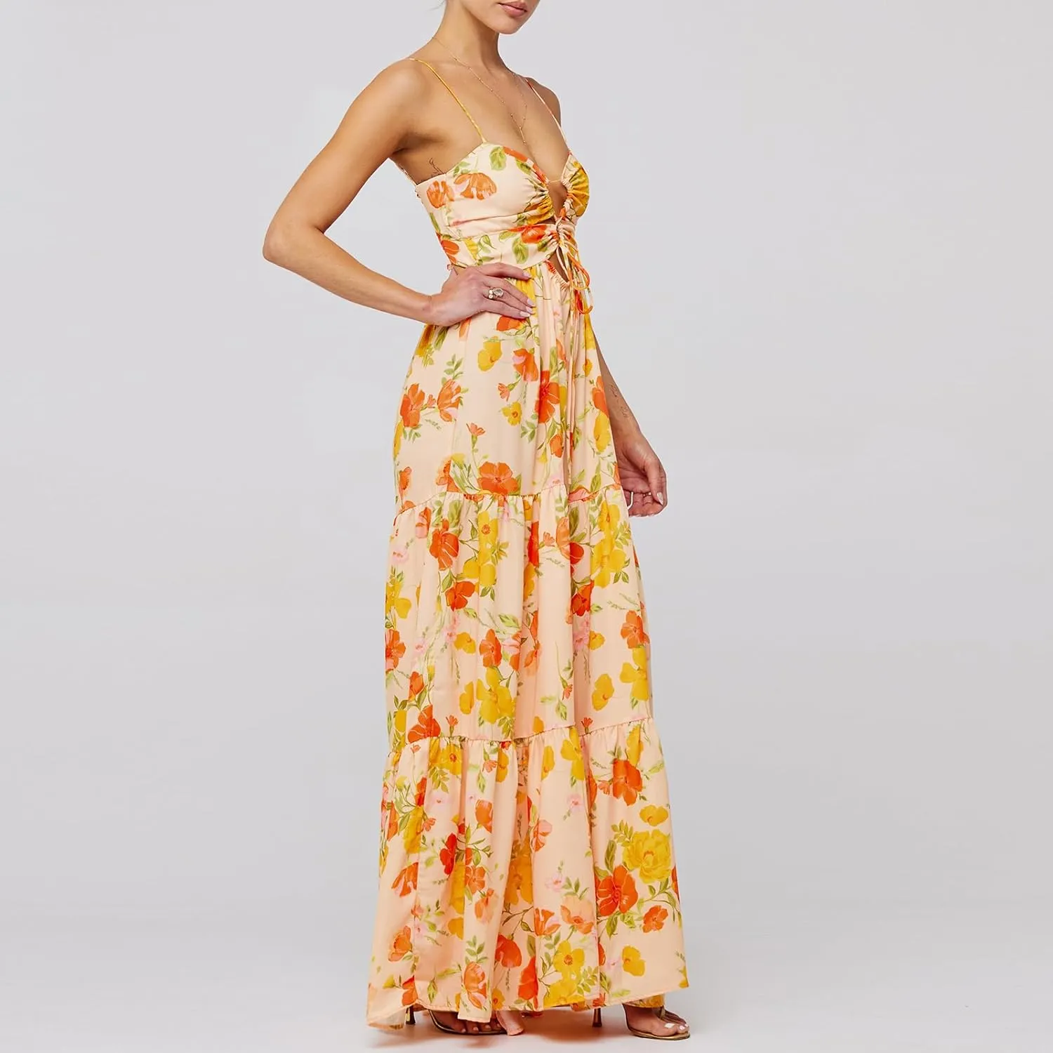 Women Boho Tie Shoulder Floral Maxi Dress Y2k Spaghetti Strap Patchwork Long Dresses Summer Flowy Beach Sundress