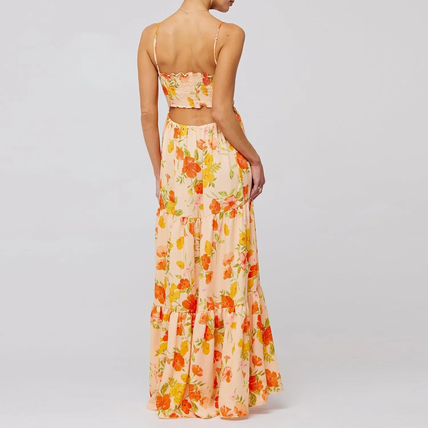 Women Boho Tie Shoulder Floral Maxi Dress Y2k Spaghetti Strap Patchwork Long Dresses Summer Flowy Beach Sundress