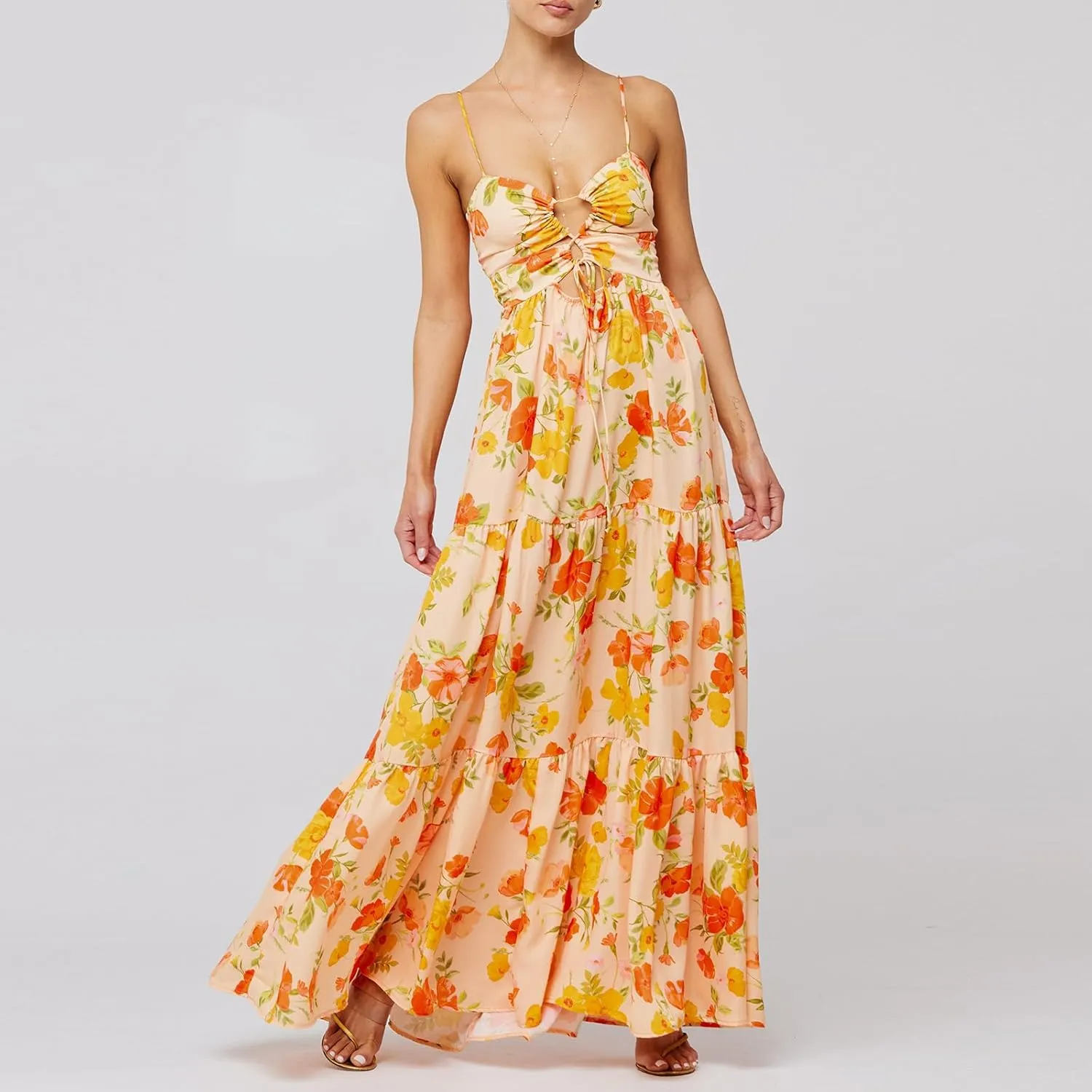Women Boho Tie Shoulder Floral Maxi Dress Y2k Spaghetti Strap Patchwork Long Dresses Summer Flowy Beach Sundress