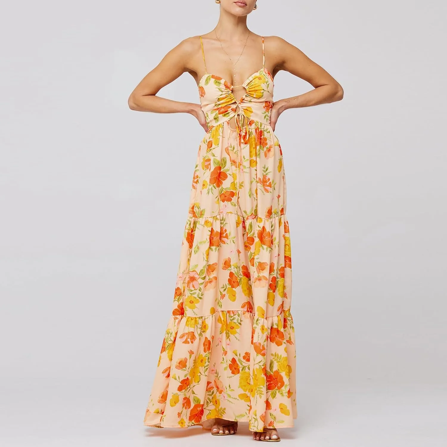 Women Boho Tie Shoulder Floral Maxi Dress Y2k Spaghetti Strap Patchwork Long Dresses Summer Flowy Beach Sundress