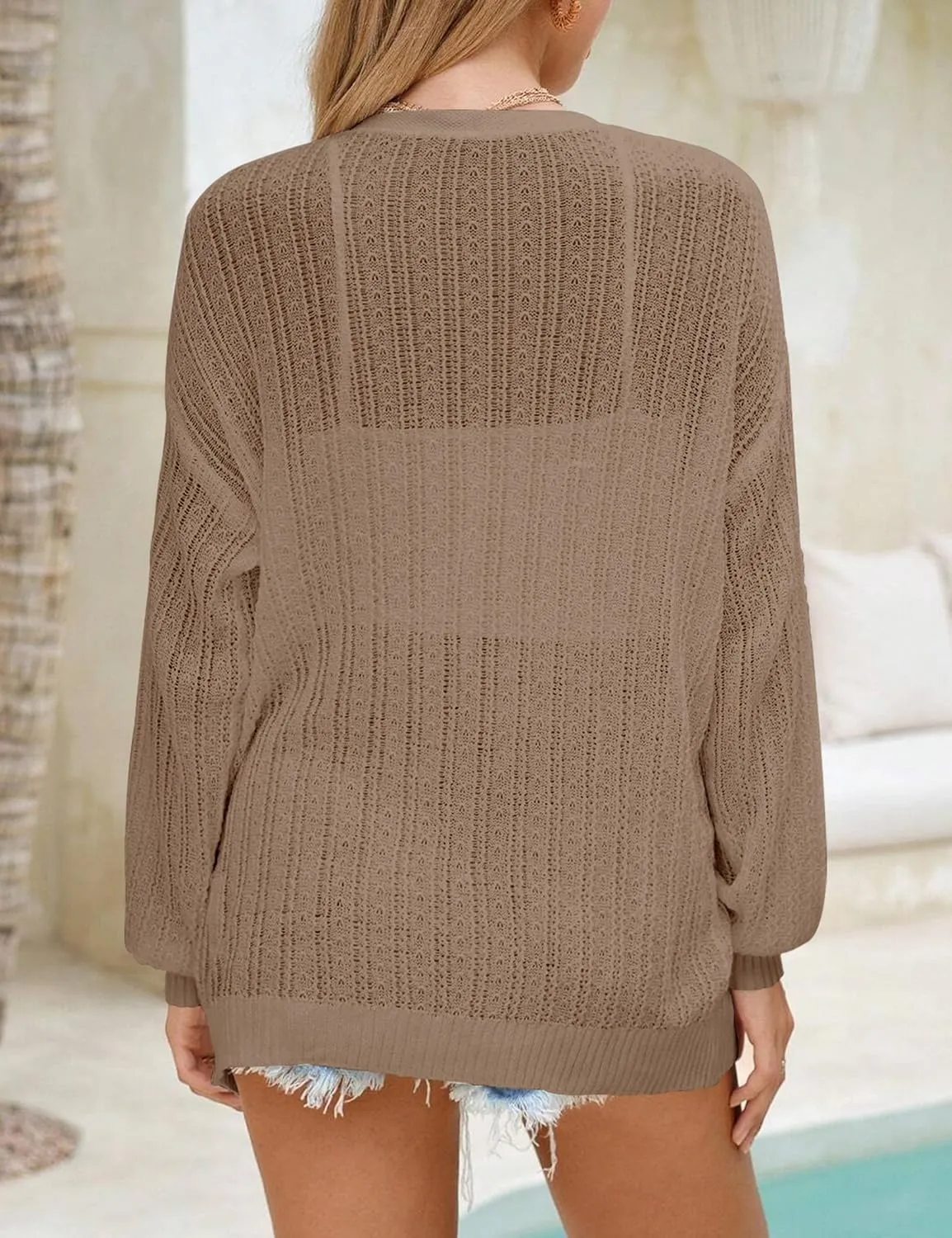 Women Crochet Cardigan Cover Up Lightweight Knit Kimono Open Front Long Sleeve Cardigans
