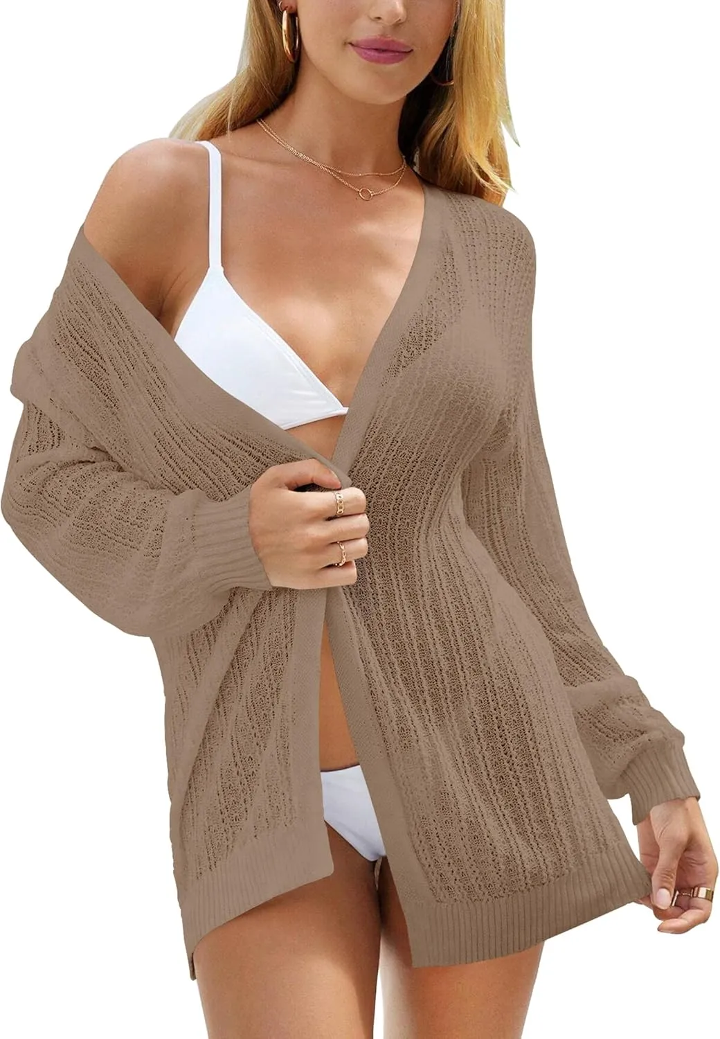 Women Crochet Cardigan Cover Up Lightweight Knit Kimono Open Front Long Sleeve Cardigans