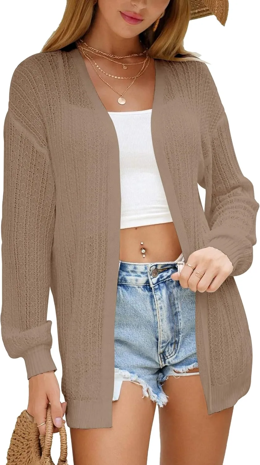 Women Crochet Cardigan Cover Up Lightweight Knit Kimono Open Front Long Sleeve Cardigans