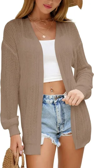 Women Crochet Cardigan Cover Up Lightweight Knit Kimono Open Front Long Sleeve Cardigans