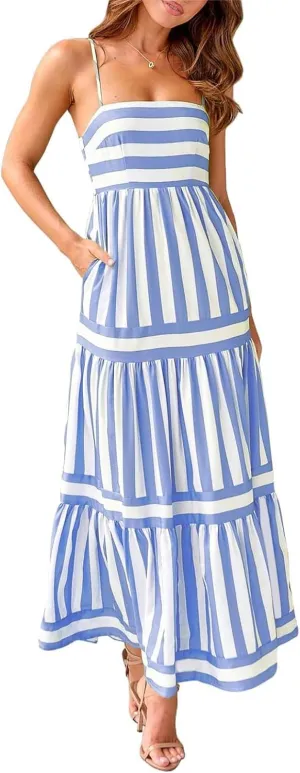 Women Cute Print Maxi Cami Dress Loose Sleeveless Spaghetti Summer Holiday Beach Smocked Sundress