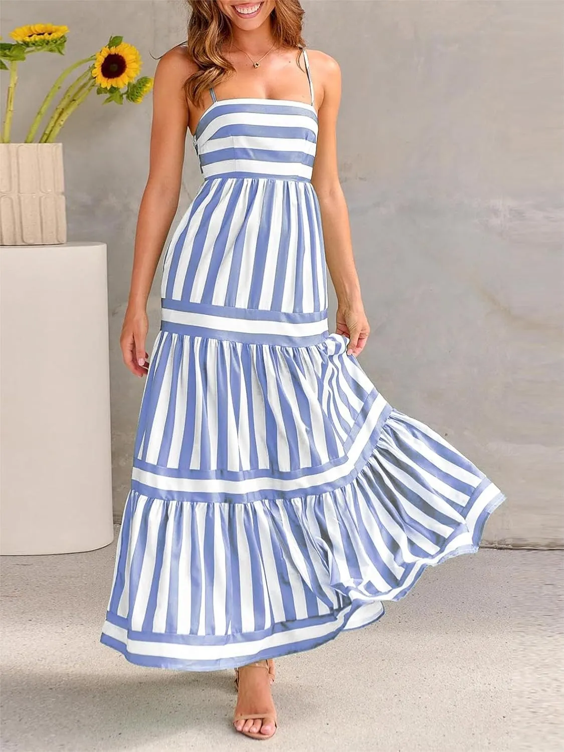 Women Cute Print Maxi Cami Dress Loose Sleeveless Spaghetti Summer Holiday Beach Smocked Sundress
