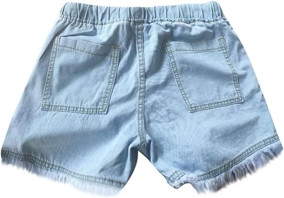 Women Denim Shorts 3 Inch Inseam Casual Summer Elastic High Waisted Jeans Frayed Raw Hem Jean Shorts with Pockets