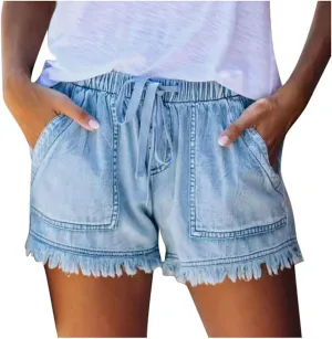 Women Denim Shorts 3 Inch Inseam Casual Summer Elastic High Waisted Jeans Frayed Raw Hem Jean Shorts with Pockets