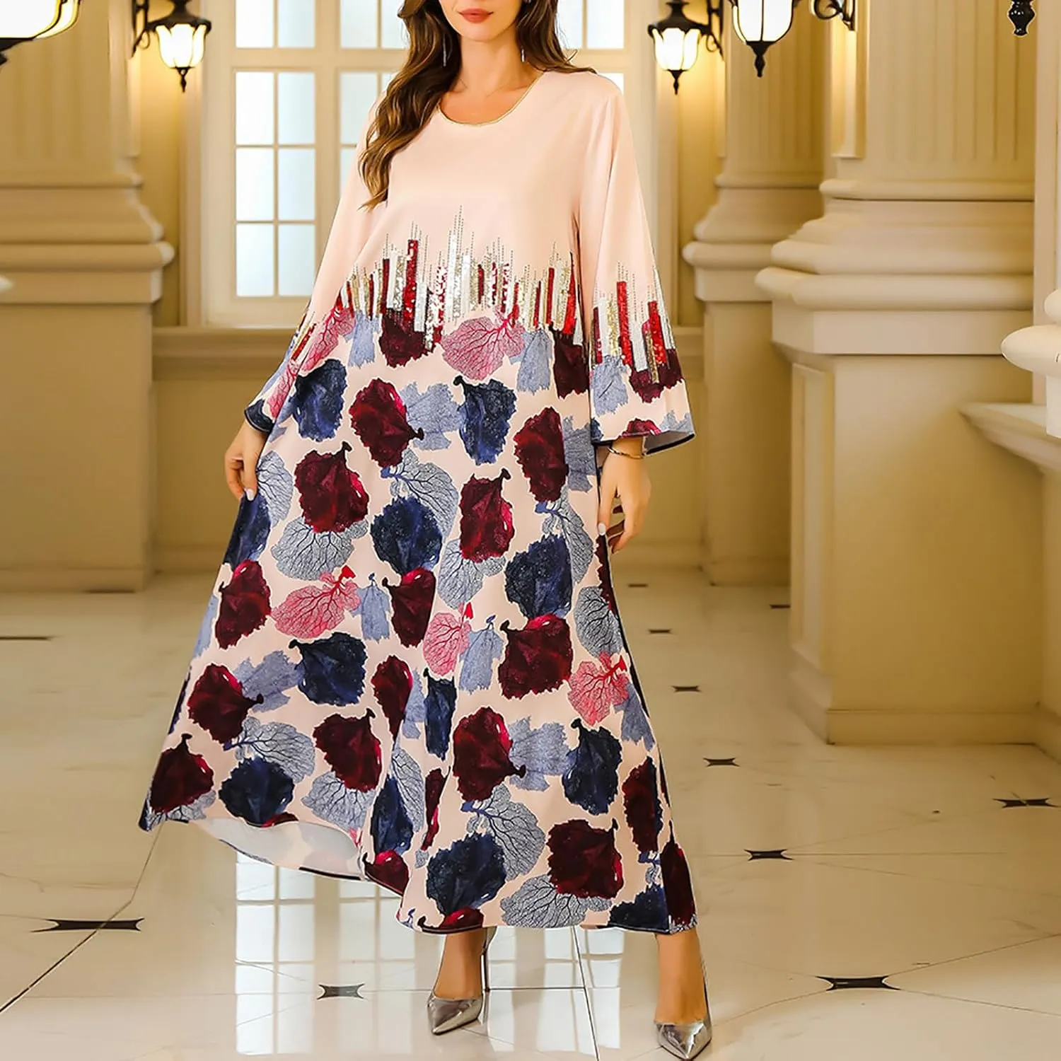 Women Dresses Casual Fall Fahion Long Sleeve Bohemian Floral Maxi Dress Flowy Swing Tiered Beach Vacation Long Dress