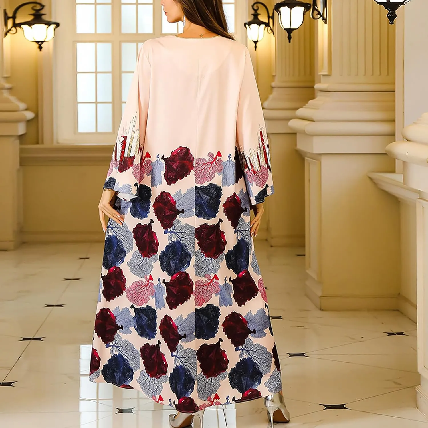 Women Dresses Casual Fall Fahion Long Sleeve Bohemian Floral Maxi Dress Flowy Swing Tiered Beach Vacation Long Dress