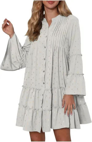 Women Fall Dresses 2024 Casual Button Ruffle Long Sleeve Dress Elegant Flowy Swing Tiered Beach Vacation Dresses