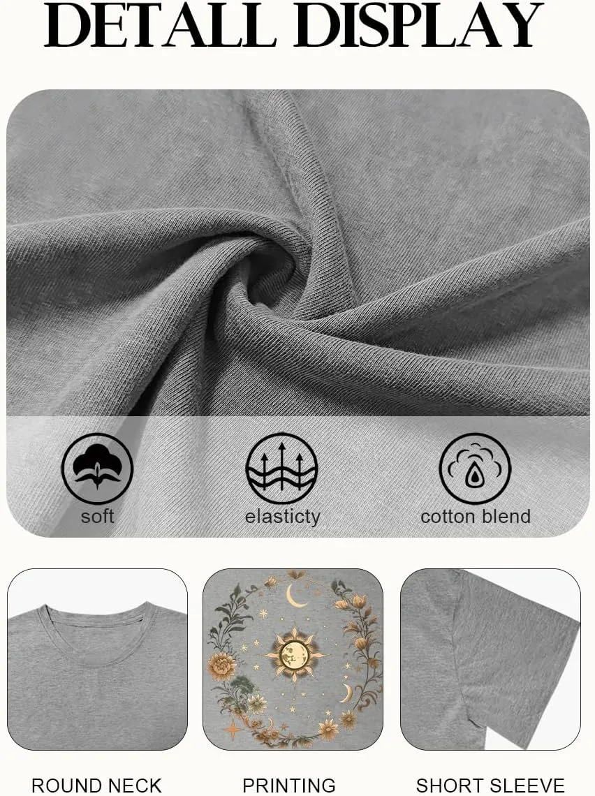 Women Graphic Tees Shirt Mystical Moon and Sunflower Shirt Short Sleeve Casual Celestial T Shirts
