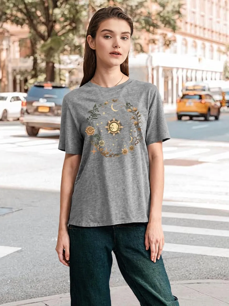 Women Graphic Tees Shirt Mystical Moon and Sunflower Shirt Short Sleeve Casual Celestial T Shirts