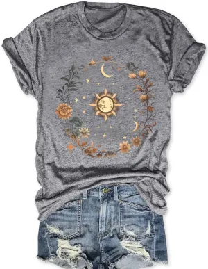 Women Graphic Tees Shirt Mystical Moon and Sunflower Shirt Short Sleeve Casual Celestial T Shirts