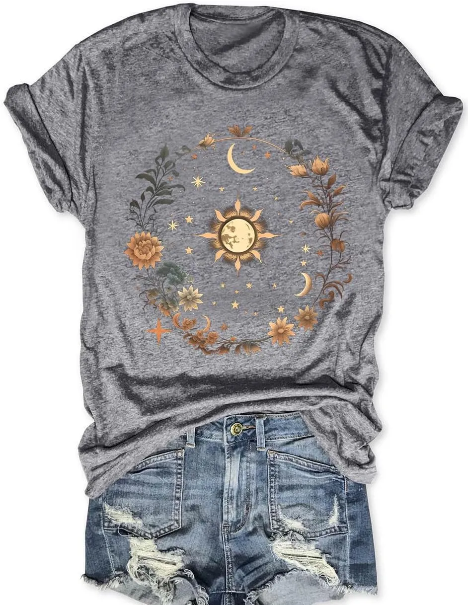 Women Graphic Tees Shirt Mystical Moon and Sunflower Shirt Short Sleeve Casual Celestial T Shirts