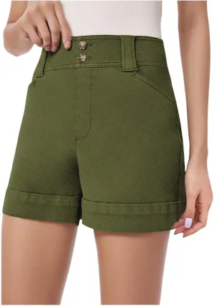 Women High Waisted Jean Shorts Stretchy Twill Denim Short for Women Folded Hem Chino Shorts Summer Jorts Plus Size
