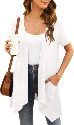 Women Light Cardigan Summer Casual Short Sleeve Open Front Pocketed Cardigans Kimono