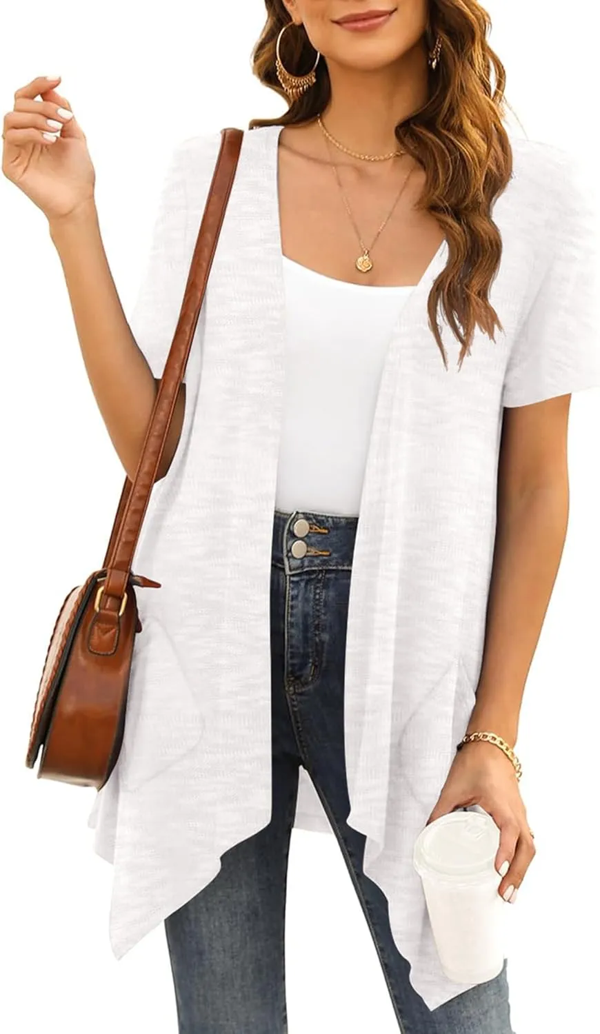 Women Light Cardigan Summer Casual Short Sleeve Open Front Pocketed Cardigans Kimono