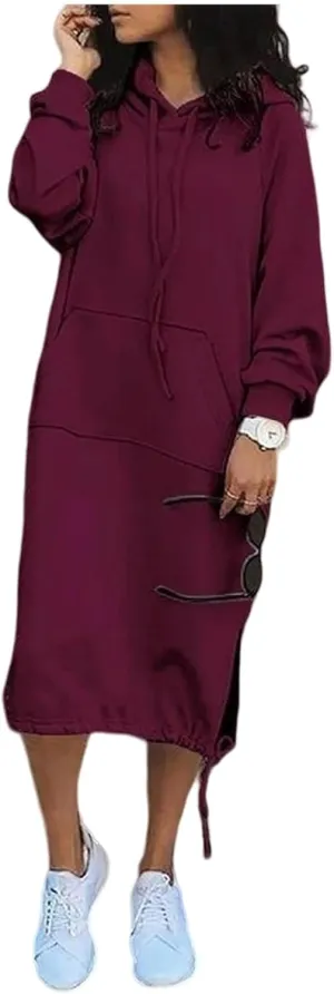Women Maxi Hoodies Dress Casual Long Dresses Fashion Split Hem Drawstring Hooded Long Sleeve Sweatshirt with Pockets
