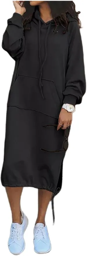Women Maxi Hoodies Dress Casual Long Dresses Fashion Split Hem Drawstring Hooded Long Sleeve Sweatshirt with Pockets
