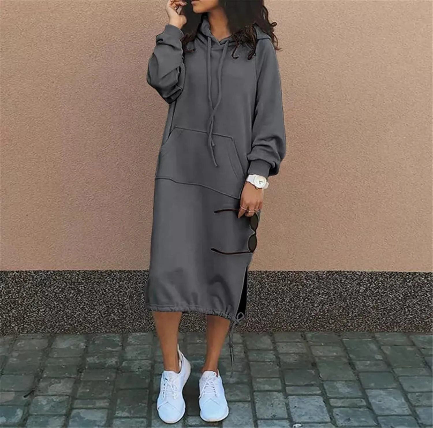 Women Maxi Hoodies Dress Casual Long Dresses Fashion Split Hem Drawstring Hooded Long Sleeve Sweatshirt with Pockets