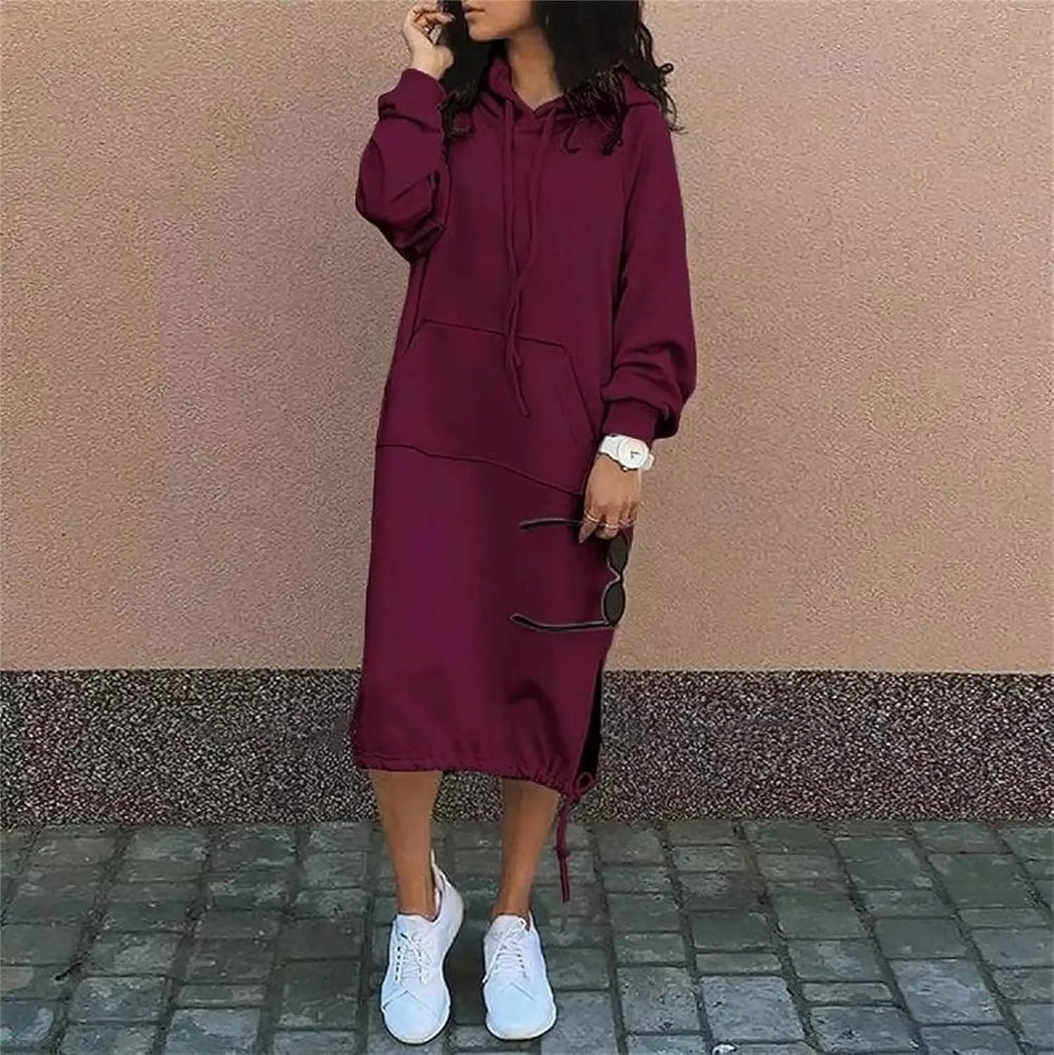 Women Maxi Hoodies Dress Casual Long Dresses Fashion Split Hem Drawstring Hooded Long Sleeve Sweatshirt with Pockets